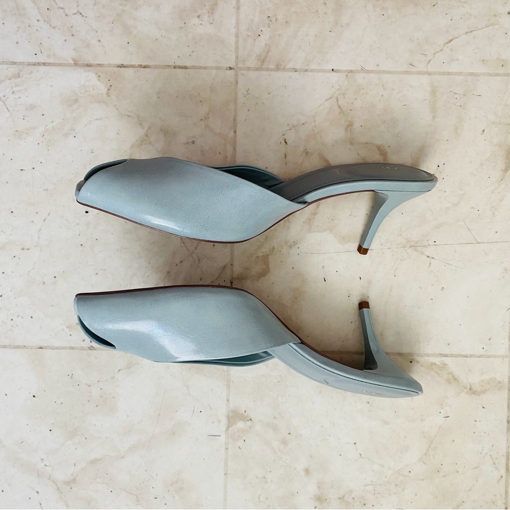 $60 Zara Dusty Blue Faux Patent Leather Peep Toe Heels Sandals Mules Size 8.5 - Picture 6 of 13